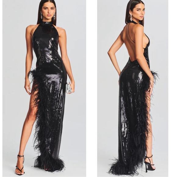 Retrofete Vixen Sequin Feather Hem High Slit Halterneck Maxi Dress Size Large - Picture 4 of 12